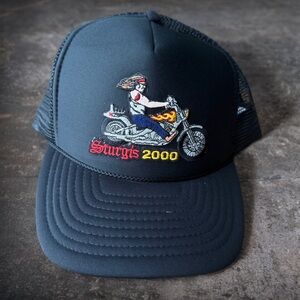 Vintage Sturgis 2000 Motorcycle Rally Trucker Hat Biker Cap Black Embroidered